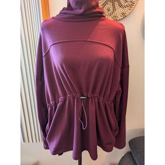 Women's Nine West Active Burgundy LS Mock Neck Shirt Large Pockets Drawstring - Picture 2 of 11